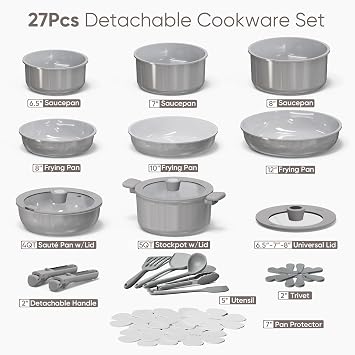CAROTE 27pcs Ceramic Cookware Set, Pots and Pans Set with Detachable Handle | Non-Stick, Non-Toxic, PFAS and PFOA Free, Induction Compatible, Dishwasher & Oven Safe, Space Saving, Camping Cooking, Gray