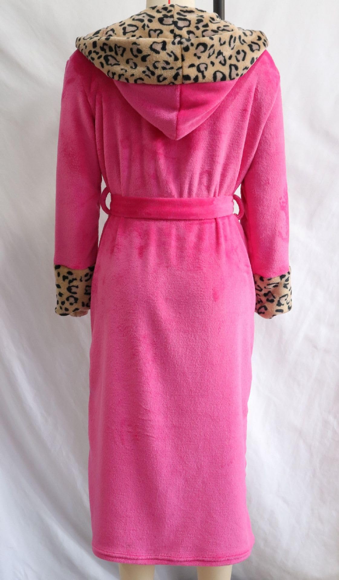 Albornoz con Capucha y Estampado de Leopardo Rosa para Mujer, Cálido y Sexy, de Franela con Cinturón, Cómodo y Suave, Tipo Kimono de Felpa.