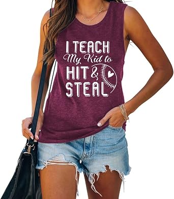 YourTops Women I Teach My Kids to Hit and Steal Tank Shirt Baseball Mom Shirt Baseball Graphic Shirt