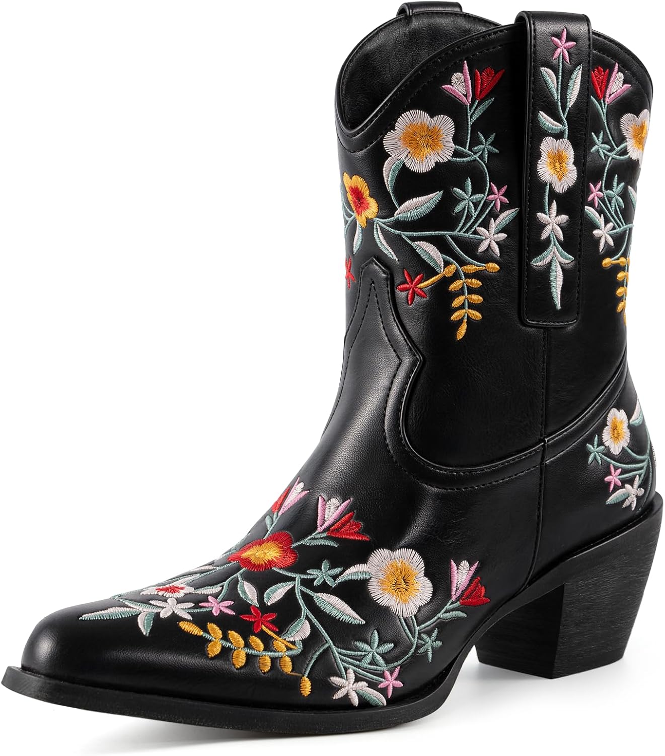 CRYSIGNE Women's Flower Embroidered Ankle Cowgirl Boots Floral Snip Square Toe Western Cowboy Boots Chunky Heel Pull On Short Boots