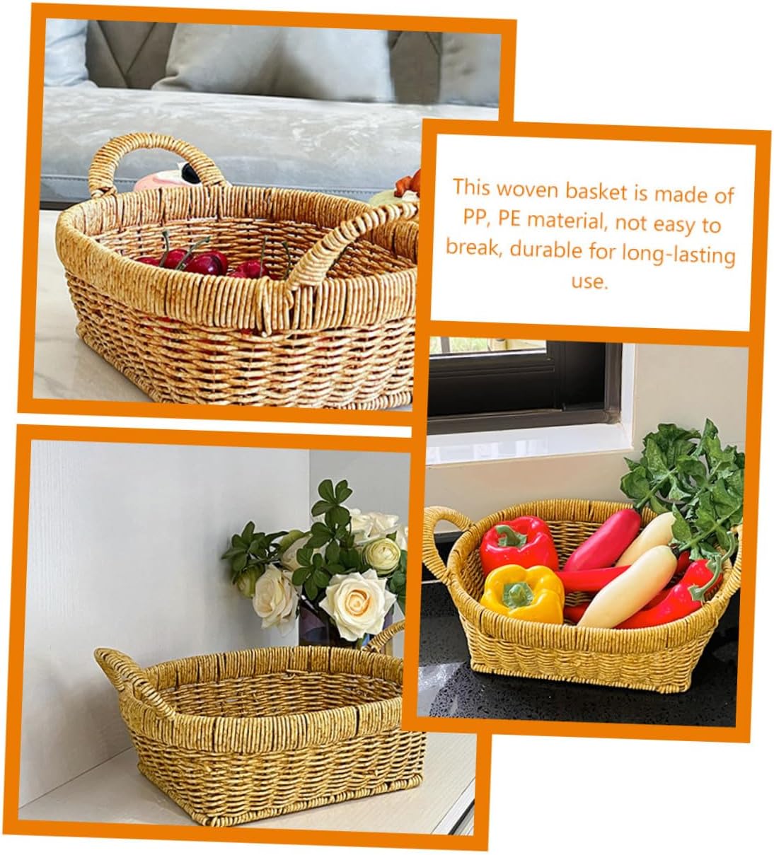 Rustic Woven Bread Basket with Double Handles Handmade Simulation Rattan Storage Tray for Fruit and Sundries Organization Decorative Serving Basket for Home and Restaurant Use