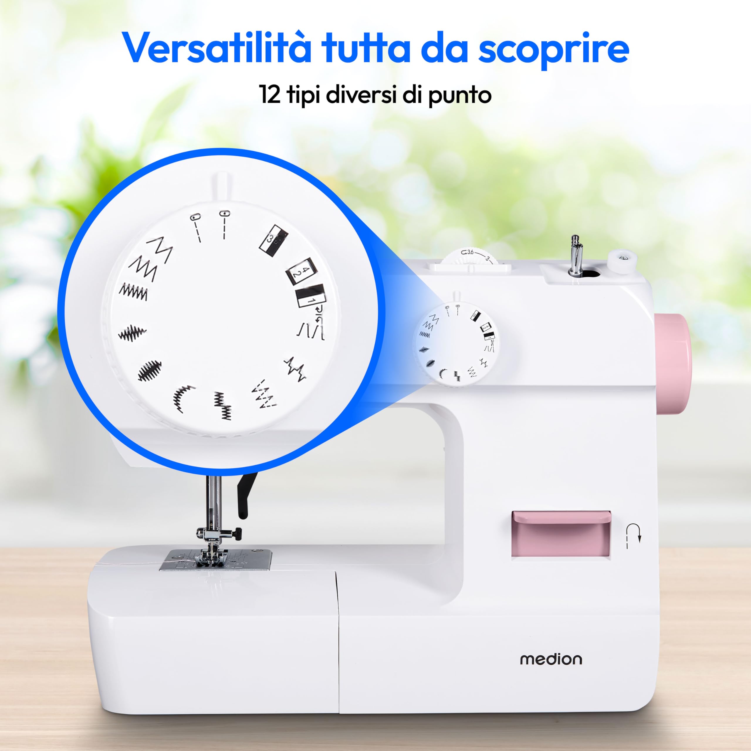 MEDION Macchina per cucire SM70 (70 watt, 12 diversi modelli di punto, luce di cucitura a LED, lunghezza del punto regolabile, pulsante di inversione, tagliafilo, MD11179) rosa