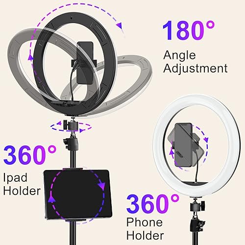 Miniatura 7 de Anillo de luz RGB de 12.3 pulgadas con trípode y soportes para teléfono, anillo de luz LED para selfie con soporte para tablet iPad, luces