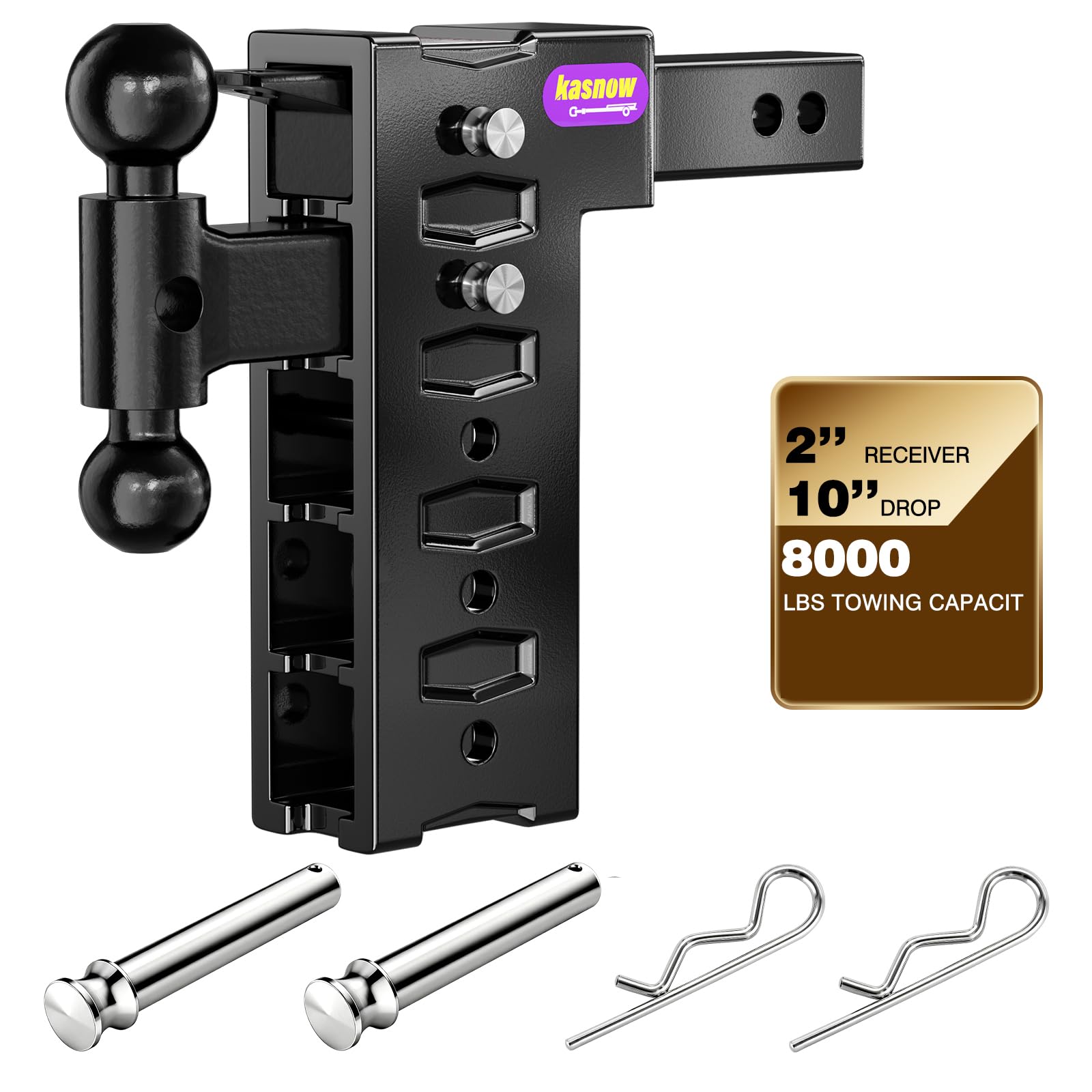 Adjustable Trailer Hitch for 2" Receiver 8000 LBS Towing Capacity, Tow Hitch with 10" Drop/Rise, Dual Ball Mount (2" &amp; 2-5/16") with Pintle Lock&amp;Locking Hitch Pins, Drop Hitch for Trucks