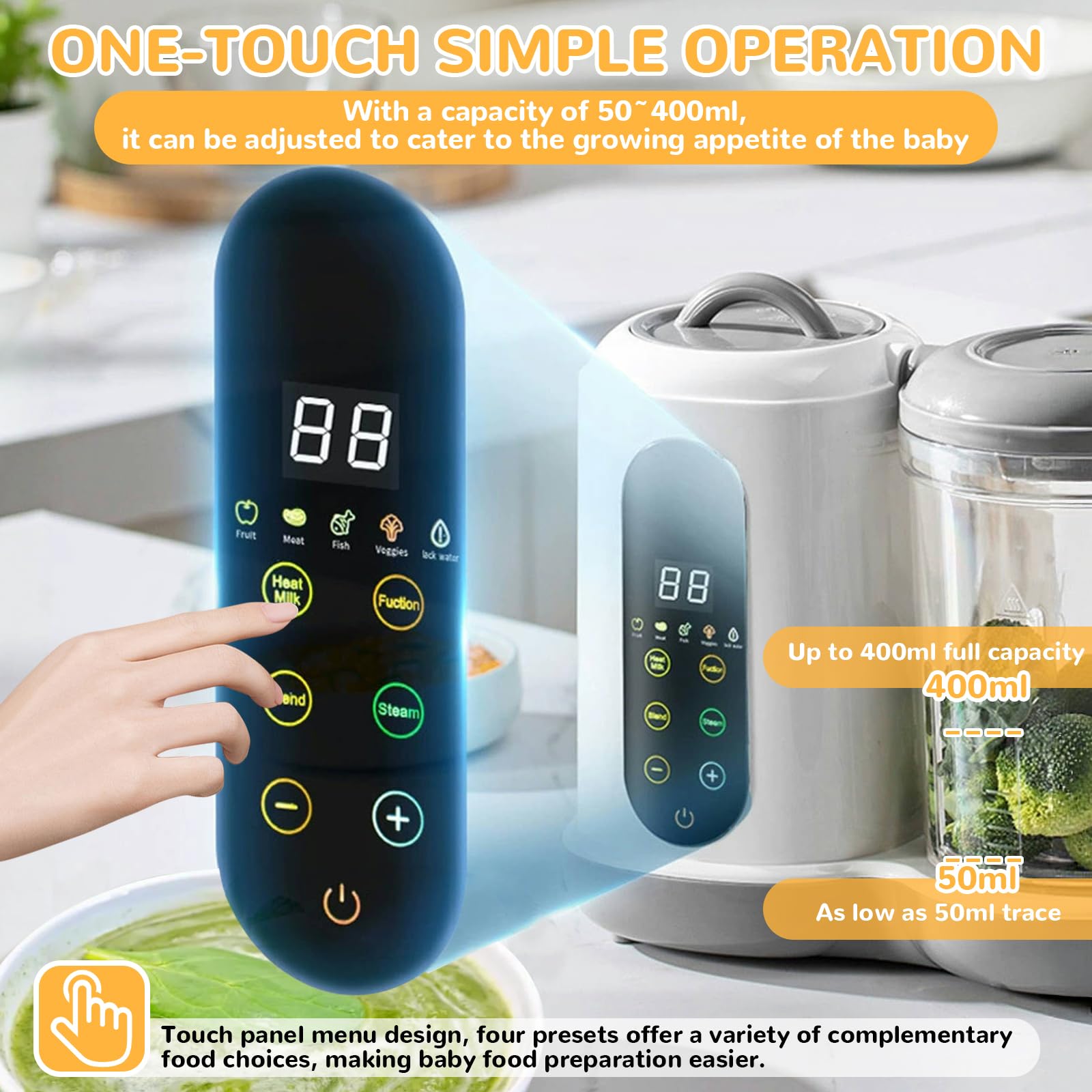 Robot Cuiseur Mixeur pour Bébés, Cuiseur Mixeur Multifonctions, Robot Cuiseur Bebe, Cuisson et Mixage Automatiques, Vapeur, Pulse, Stérilise, Nettoyage Automatique, Écran Tactile, 400ML