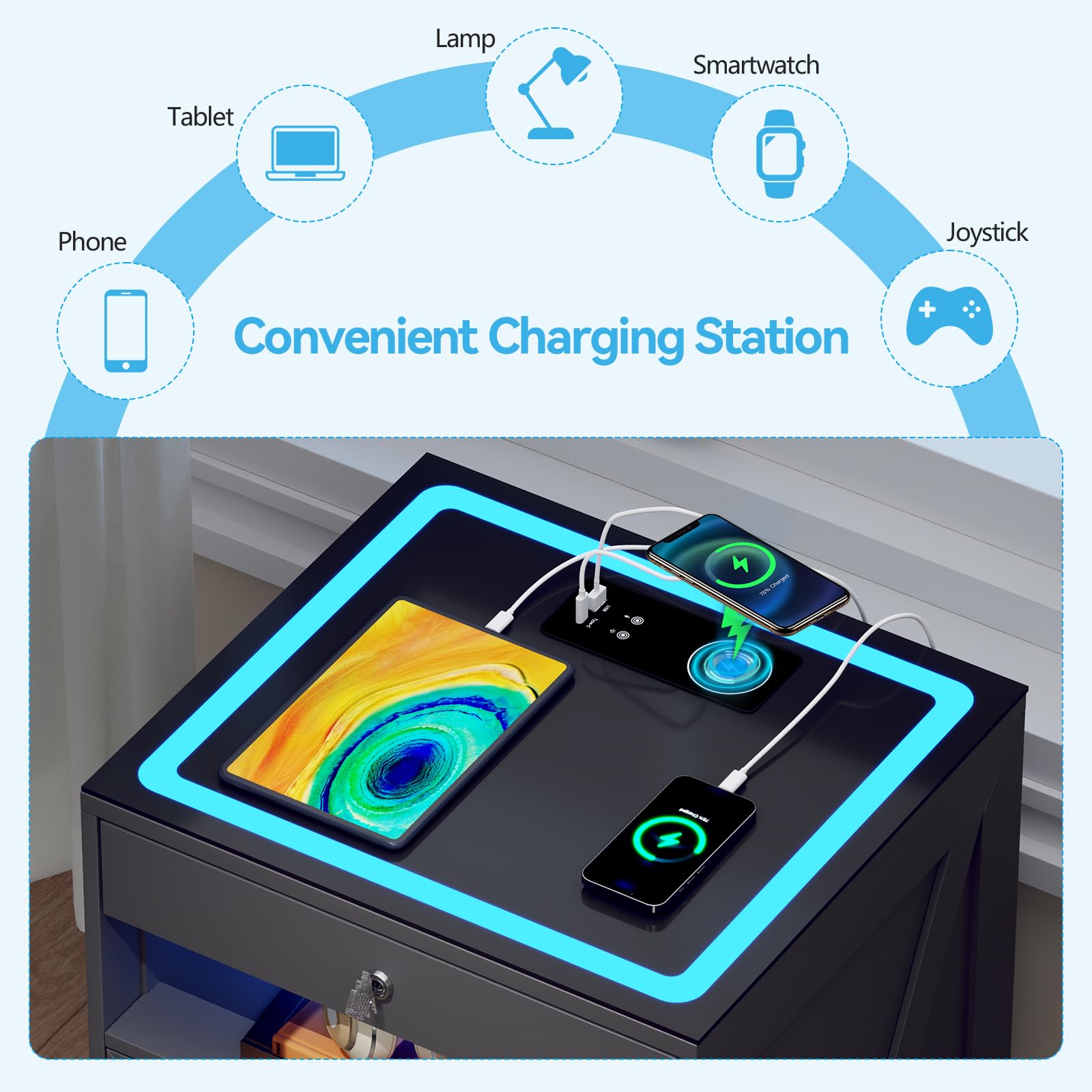 Gurexl Smart Nachttisch mit mit USB Ladefunktion & Kabelloses Laden,LED Nachtschrank mit Bewegungsmelder und Versteckte Schubladen,Intelligent Sideboard mit Glastischplatte für Schlafzimmer,Grau