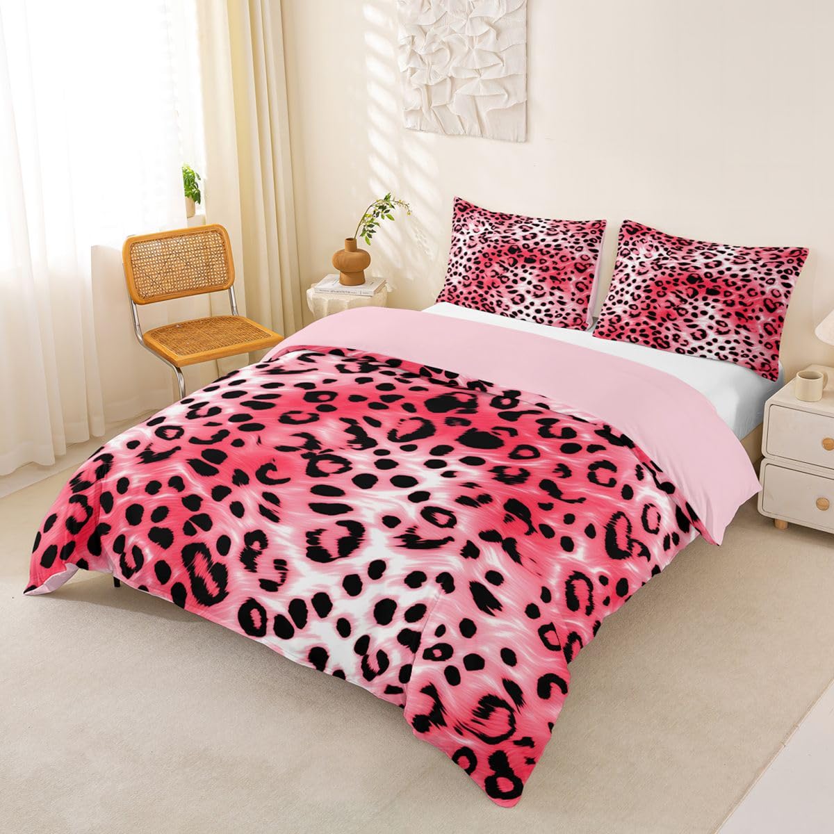 Homemissing Pink Leopard Duvet Cover Double Size Boys Girls Animal Print Bedding Set Breathable Soft Cheetah Comforter Cover 3Pcs Modern Ombre Effects Bedroom Decor Safari