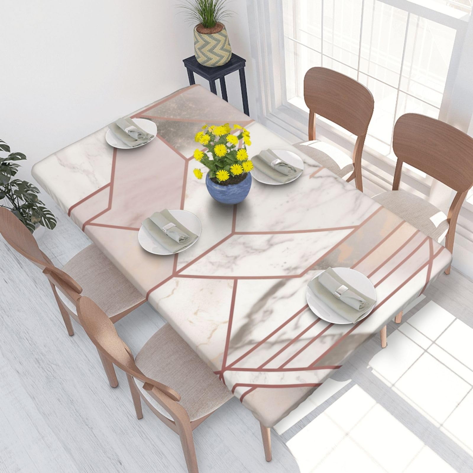 Dcarsetcv Rose Gold Marble Design Background Printed 4Ft Waterproof Tablecloth With Elastic Edged Protect & Decor Your Table, Oil-Proof Washable Table Cloth Cover For Dinner Picnic Party