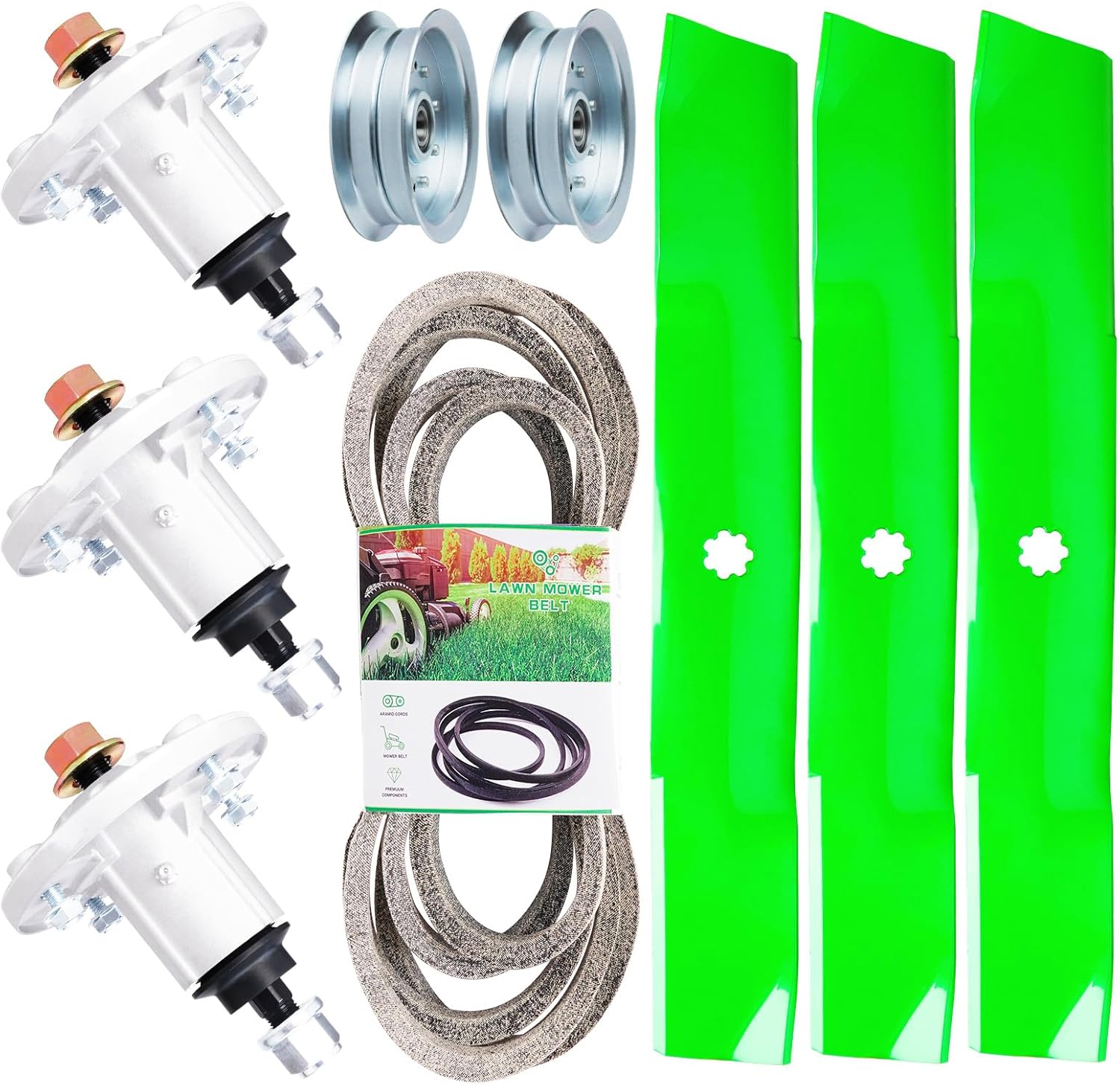 54 inch Lawn Mower Deck Rebuild Kit Compatible with LA175 E180 D170 Lawn Mower John Dee re Includes (3) Spindle GY20867 GY21099 (3) Blades GX21380 GY20679 (2) Idler Pulley 756-05034A
