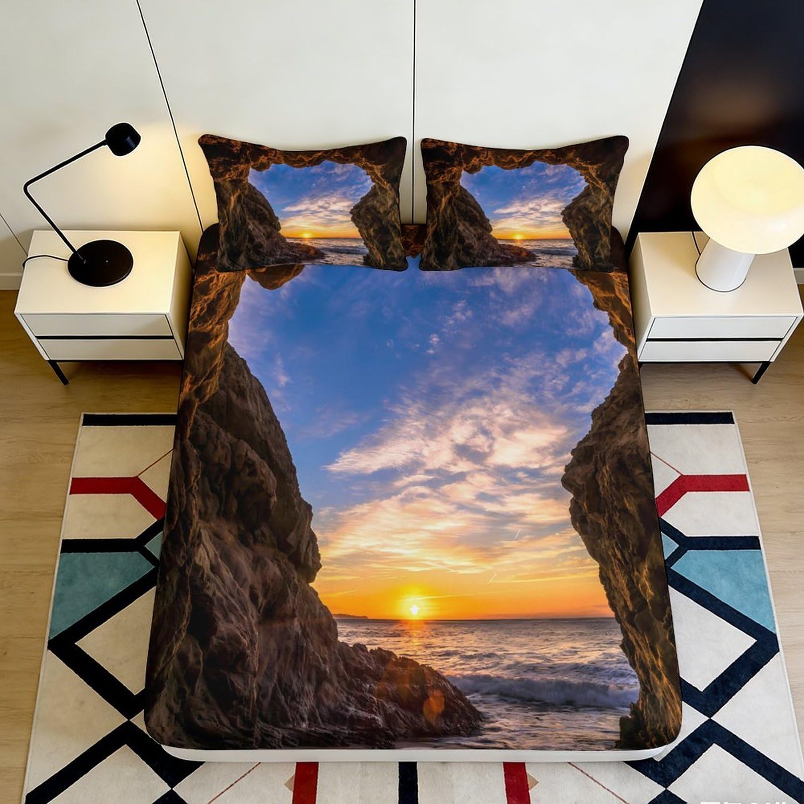 3D Printed Seaside Sunset Fitted Sheet Microfiber Deep Pocket Non-Slip Bedroom Bedding Landscape Mattress Fitted Cover for Home 200x200x25cm