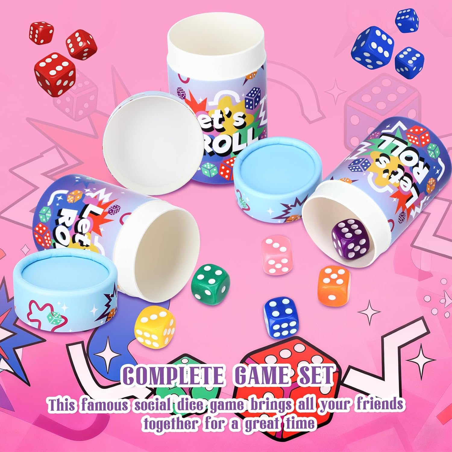 6 Sets Bunco Game Kit Party Supplies for Ladies Night Family Board Game Gift Colorful Dice Bells Dice Cups 30 Score Card Pencils Rule Sheet for up to Groups (Pink)