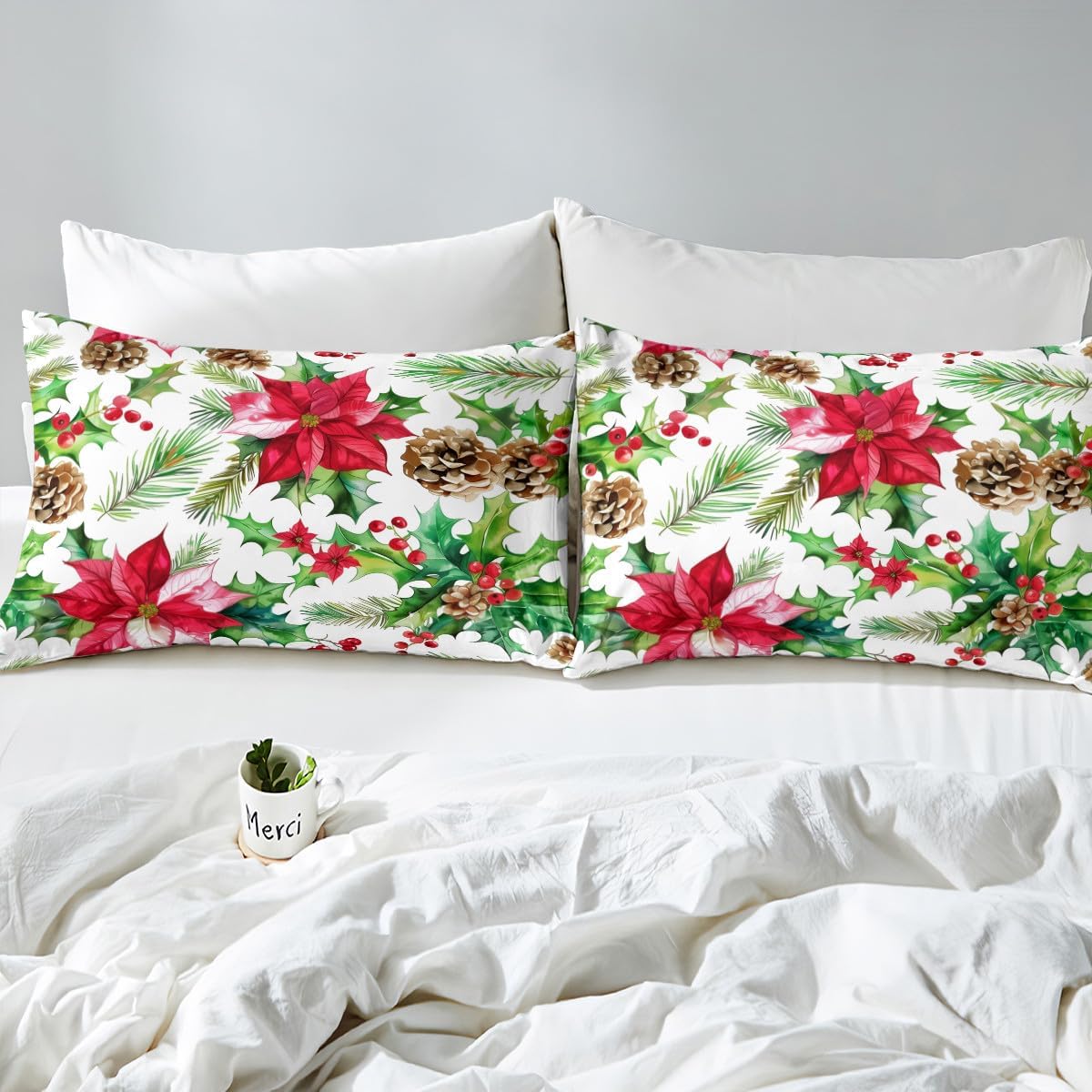 Erosebridal Holiday Poinsettia Fitted Sheet Full Size,Farmhouse Christmas Decoration Bed Sheets Pinecone Red Floral Green Pine Tree Leaves Xmas Bedding Set,Winter New Year Sheets 3 Pcs