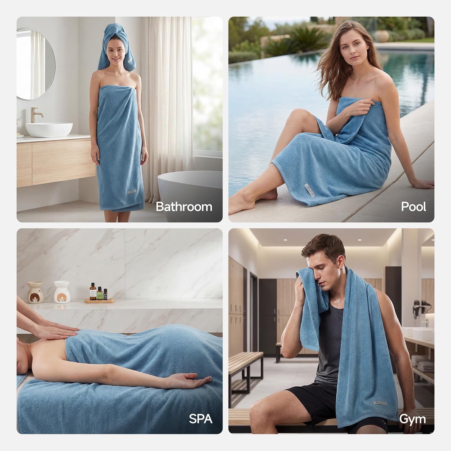 ecolook Bath Towels Set of 4,100% Cotton,27 x 55 Inches,Quick-Drying & Absorbent,Soft,Lightweight Towels for Bathroom,Shower,Spa, Gym & Hotel,Light Blue