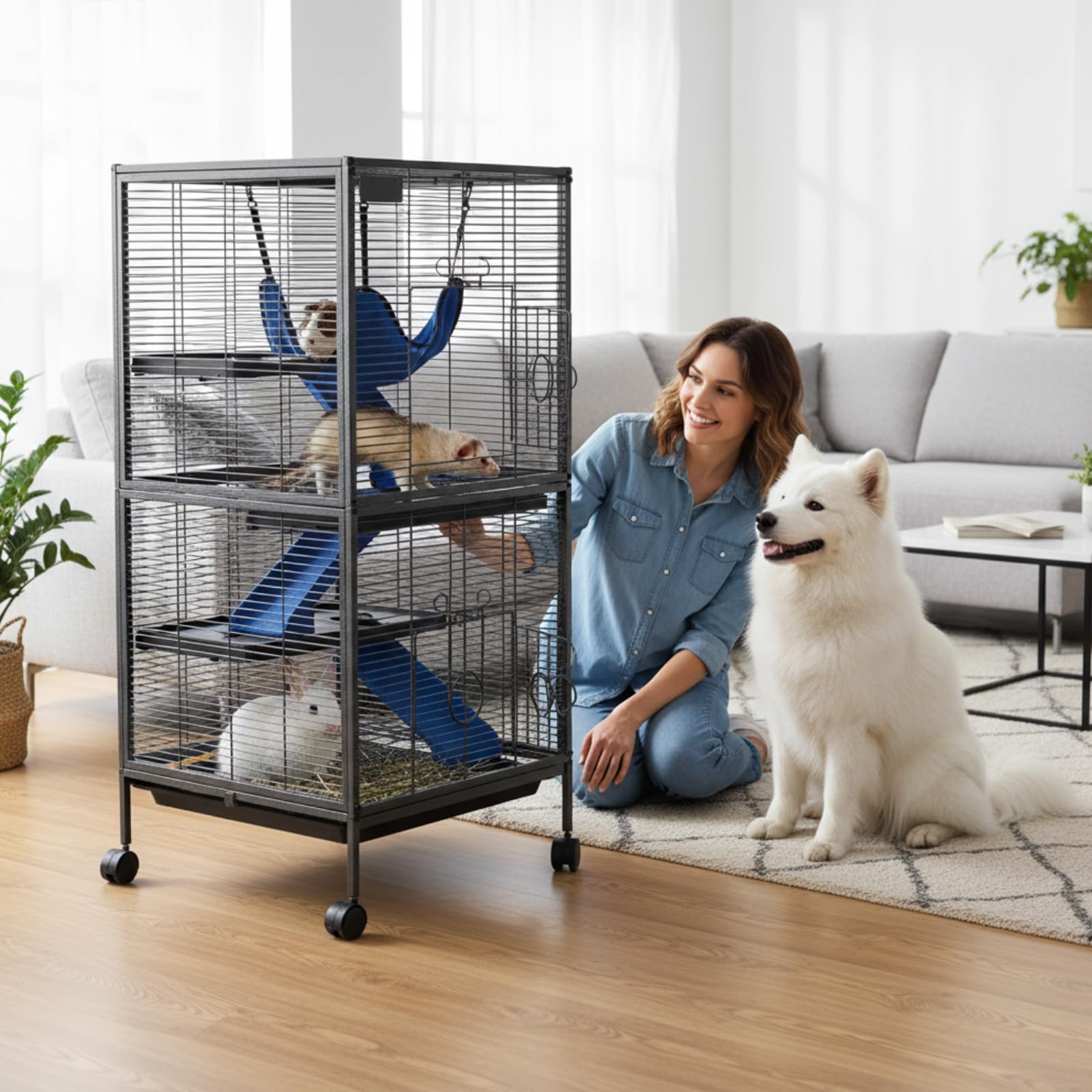Garvee Cage pour Petits Animaux avec Rampe Amovible, maisonnette Confortable - Enclos Robuste, Nettoyage Facile, idéal cochons d'Inde, Hamsters, Lapins, furets, Chinchillas - pour intérieur -Noir