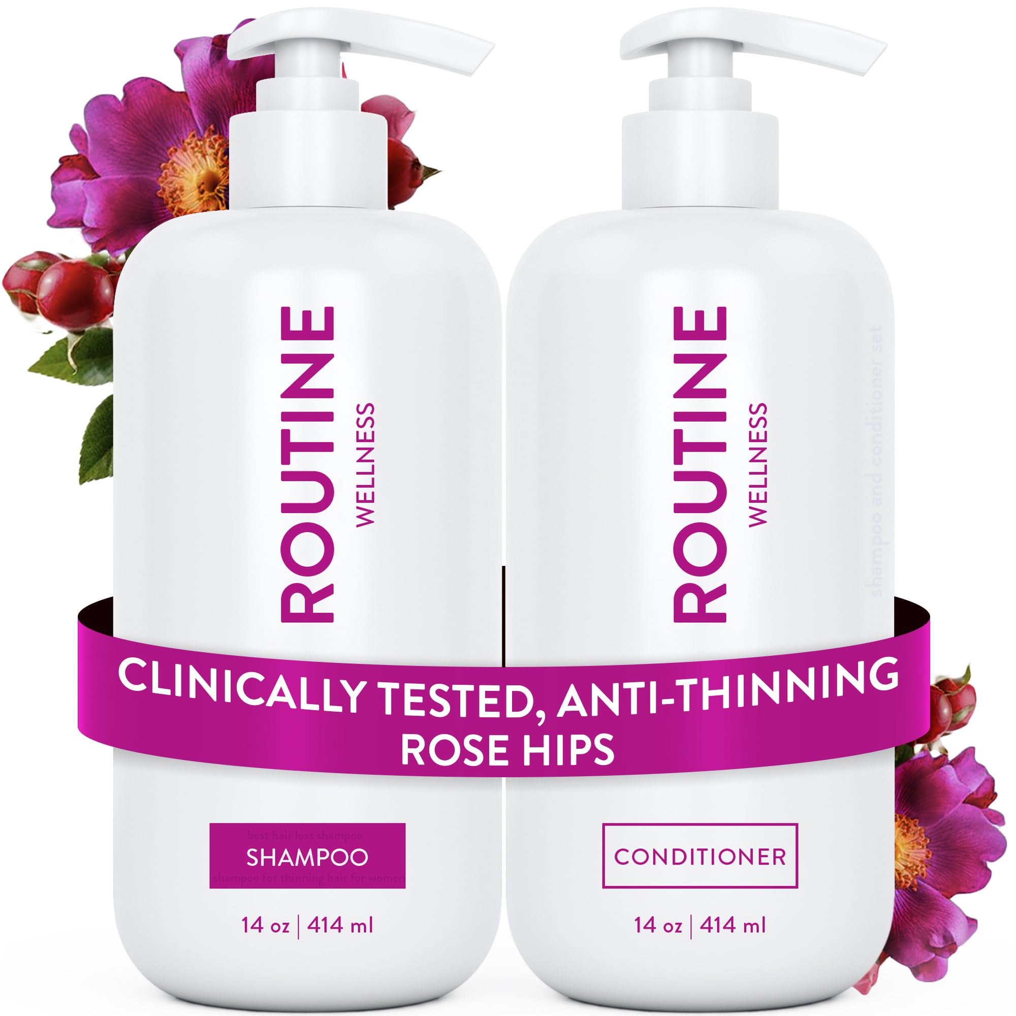 Routine WellnessAnti-Thinning Shampoo and Conditioner Set for Thinning Hair - Biotin DHT Blocker Women & Men - Color Safe Shampoo for Hair Loss & Healthier Growth - Rose Hips (Pack of 2)