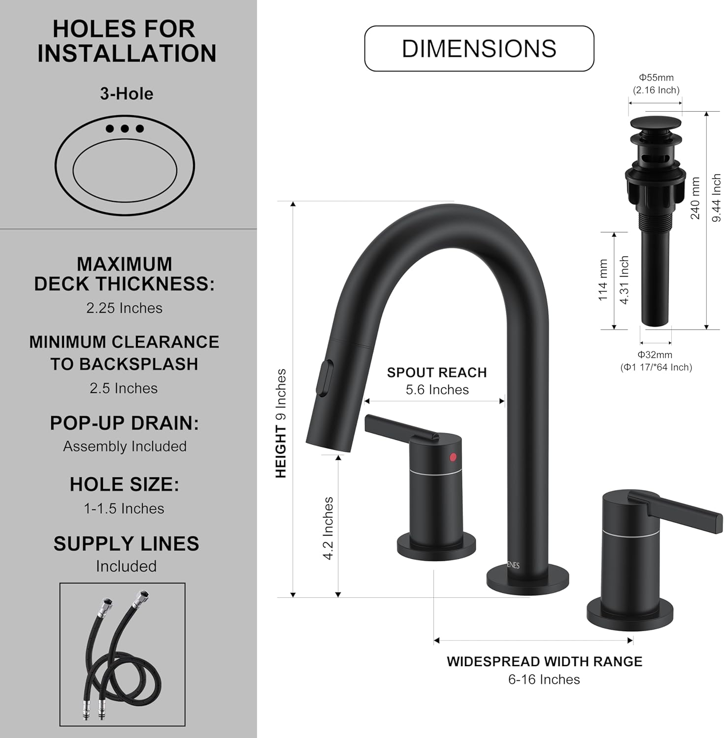 KENES Matte Black Pull Out Bathroom Faucet, 8 Inch 2 Handle Widespread Bathroom Faucet 3 Hole with Pull Down Sprayer, Bathroom Sink Faucet with Pop Up Drain & Supply Lines LJ-9068-2