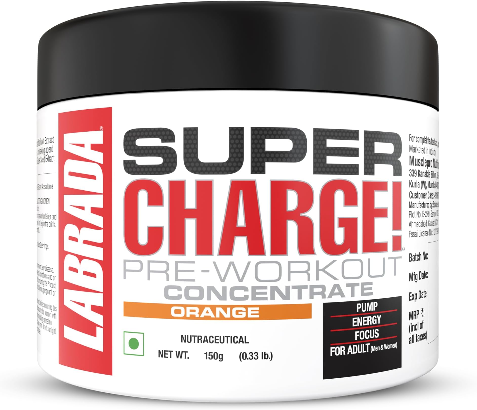 - Labrada Super Charge Pre-Workout Concentrate 150g, Orange (30 Servings | 0.75g L-Arginine | 375mg L-Citrulline Malate | 2g Beta Alanine | 150mg Caffeine Anhydrous | 250mg Ashwagandha Extract)