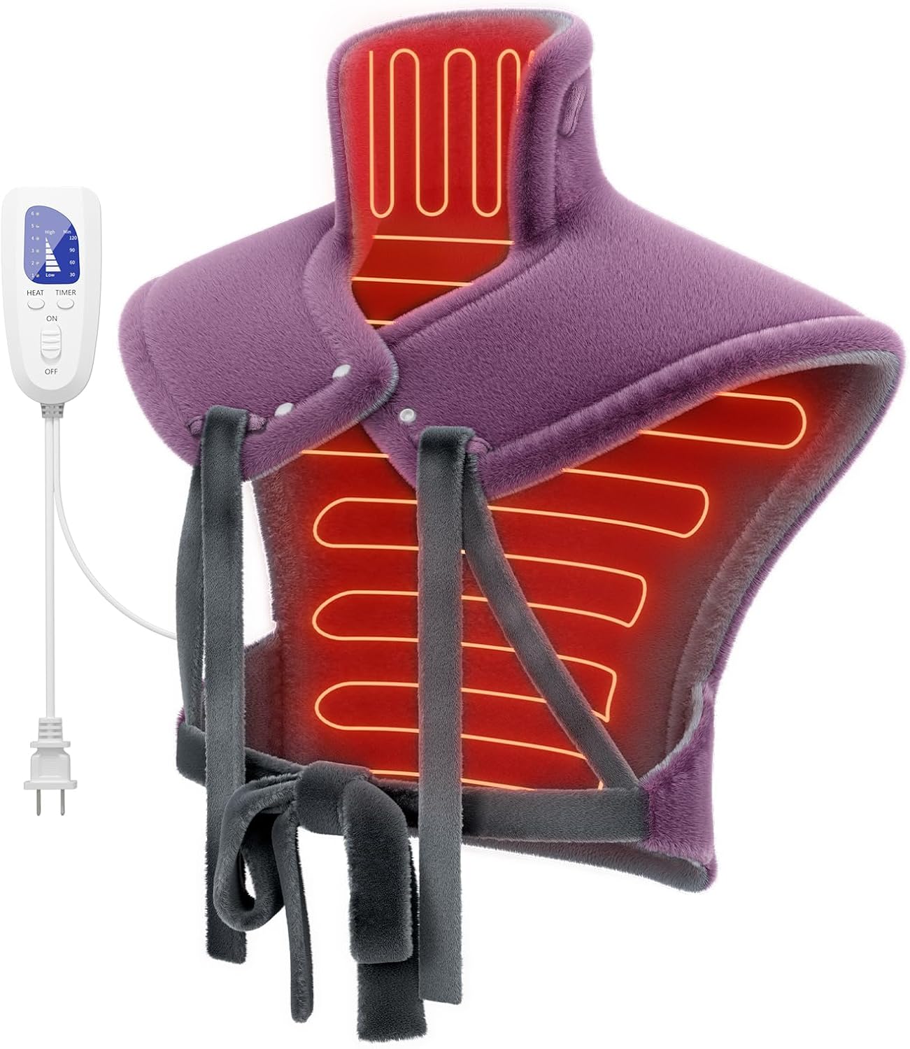 Snug-Fit Heating Pad for Neck, Shoulders & Back - 4-Strap Ultra Secure Fit, CoreMatrix™ Rapid Heating, Pain Relief, Soft Washable Fabric, for Women, Men & Mom, 6 Heat, 4 Timers - Purple