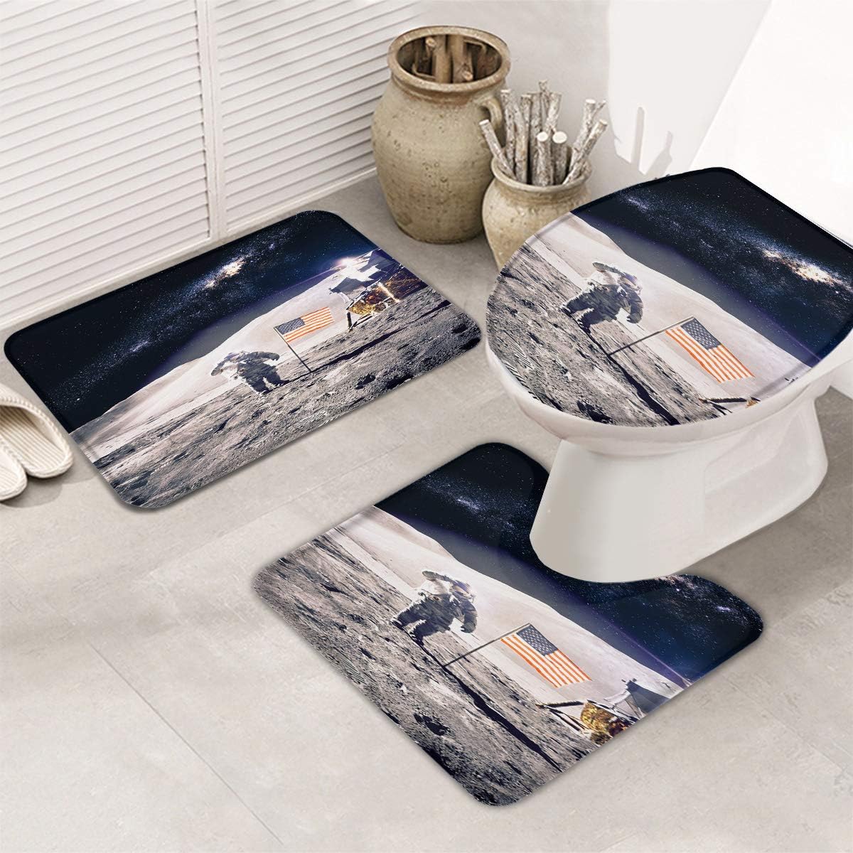 Queenker 3 Pieces Bath Rug Set Toilet Seat Cover Outerine Space American NASA Moon Landing Print Contour Rug, Pedestal Mat and Toilet Lid Cover，Non-Slip Bathroom Floor Mat : Home & Kitchen