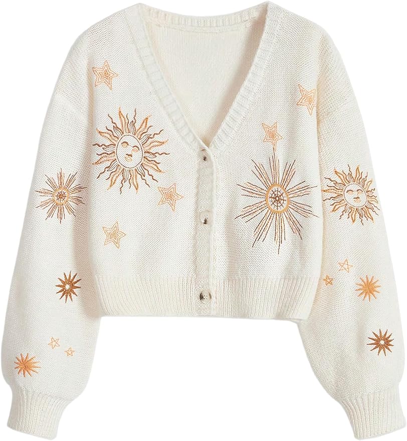 BEAUDRM Women's Cropped Cardigan Sweater Embroidered Cardigan Cropped Sweater Button Down Knit Top Outerwear