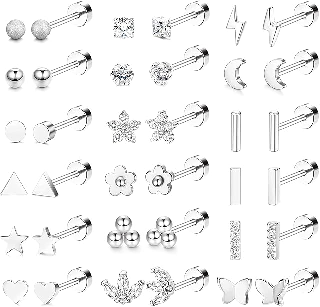 MILACOLATO 18Pairs 18G Stainless Steel Tiny Stud Earrings for Women Men Star Triangle Moon Heart Ball CZ Stud Earrings Cartilage Helix Tragus Stud Earrings Flatback Studs Earrings Piercing Set