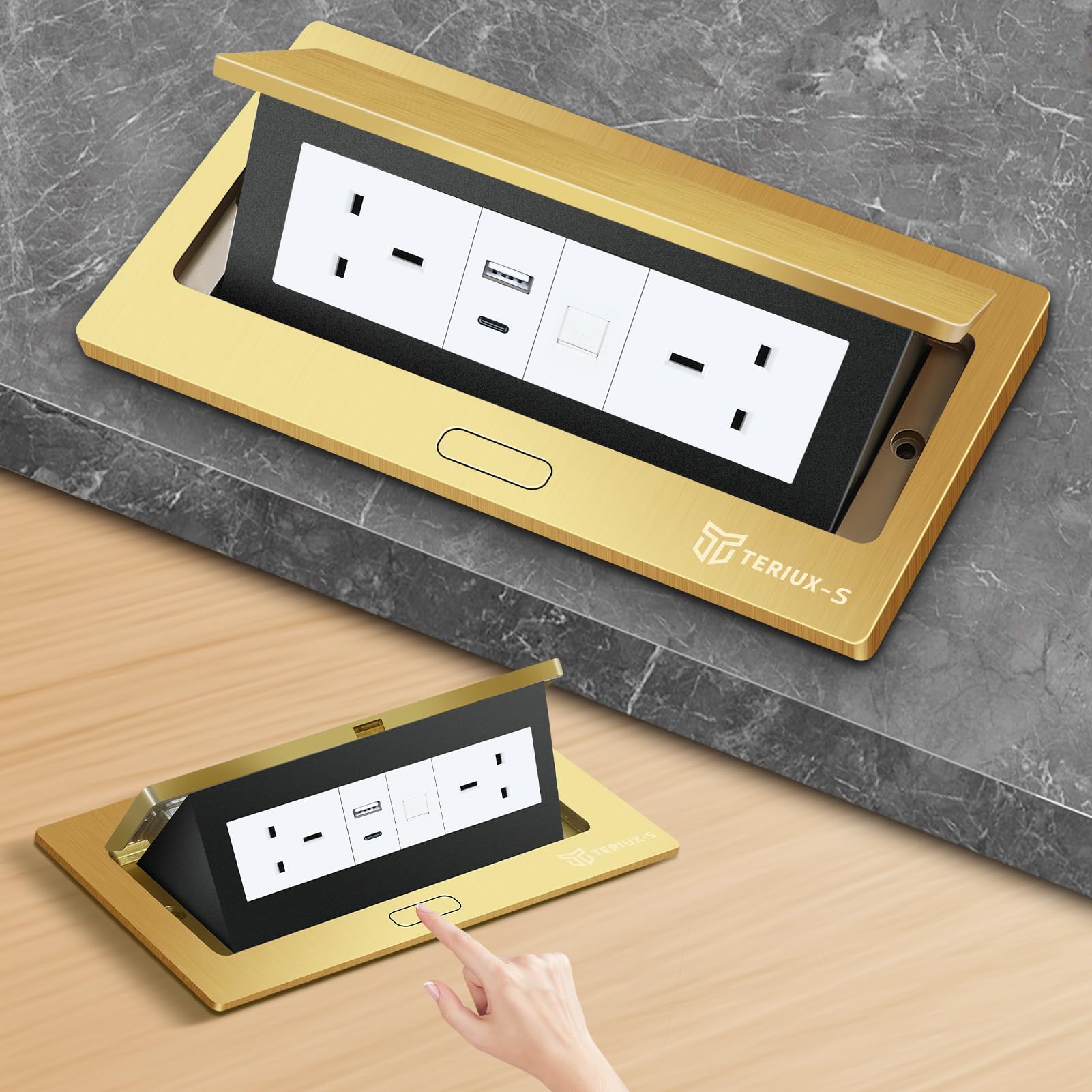 Recessed Desktop Power Socket with 2 UK Outlets, 1 RJ45, USB-A & Type-C Ports, Hidden pop-up design with brushed aluminium cover, perfect for modern kitchens, offices, and meeting tables (Golden) — image 1