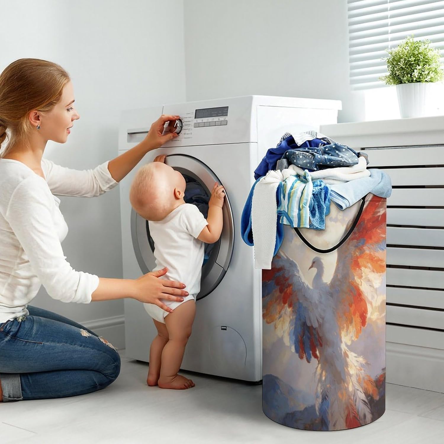 Plumage Dreamscape Laundry Hamper with Handles Waterproof Collapsible Laundry Basket Large Lightweight Round Dirty Clothes Hamper for Home Dorm Bathroom Decor