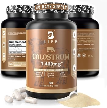 B Life Company BLife Bovine Colostrum Supplement 1400mg Immune & Gut Health Support Colostrum Capsules for Digestive Health Immune Support Supplement 60 Capsules 30 Servings
