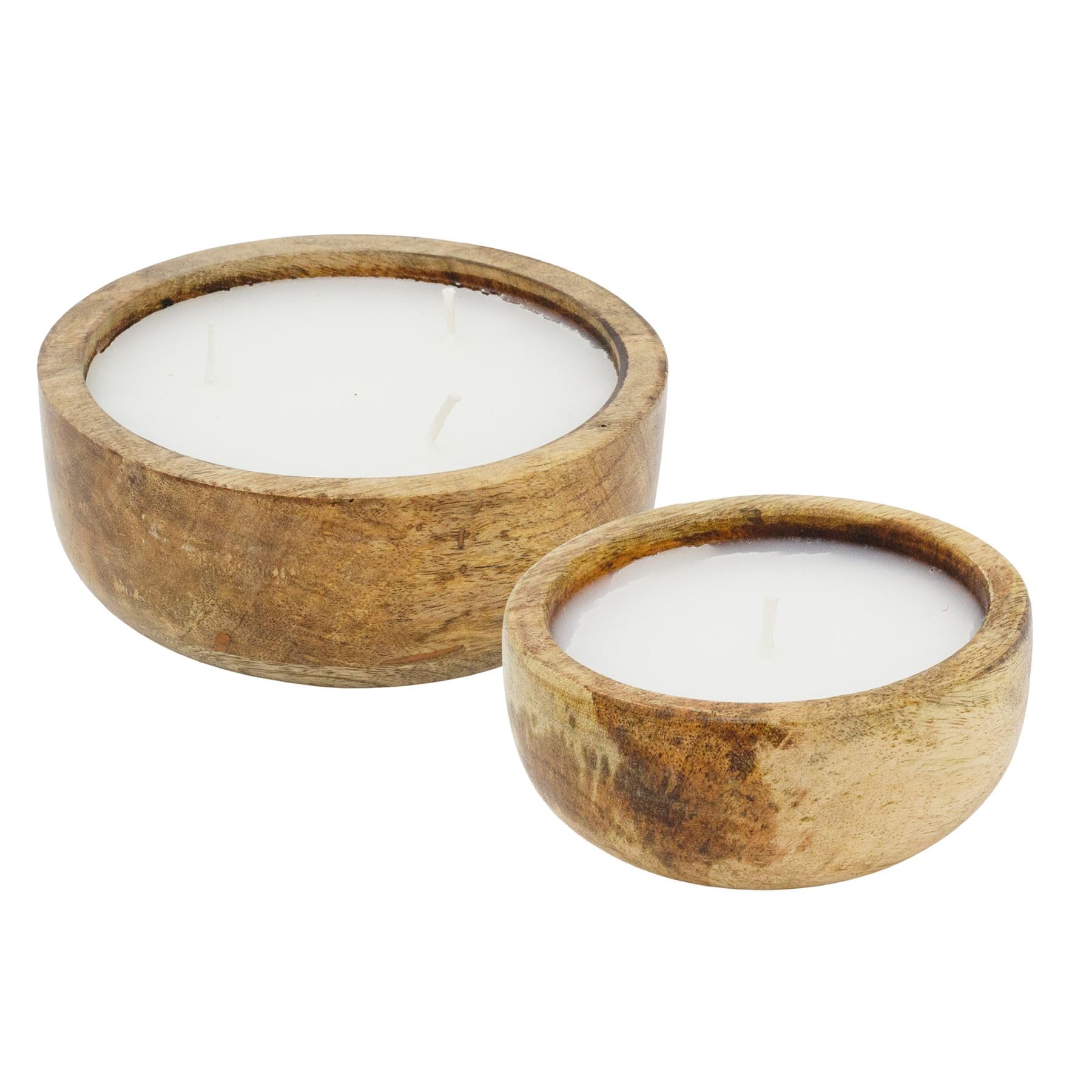 Mango Wood Candle Set, 1 Small 12cm and 1 Large 17cm White Scented Candles in Rustic Wooden Holders with Sandalwood and Bergamot Fragrance