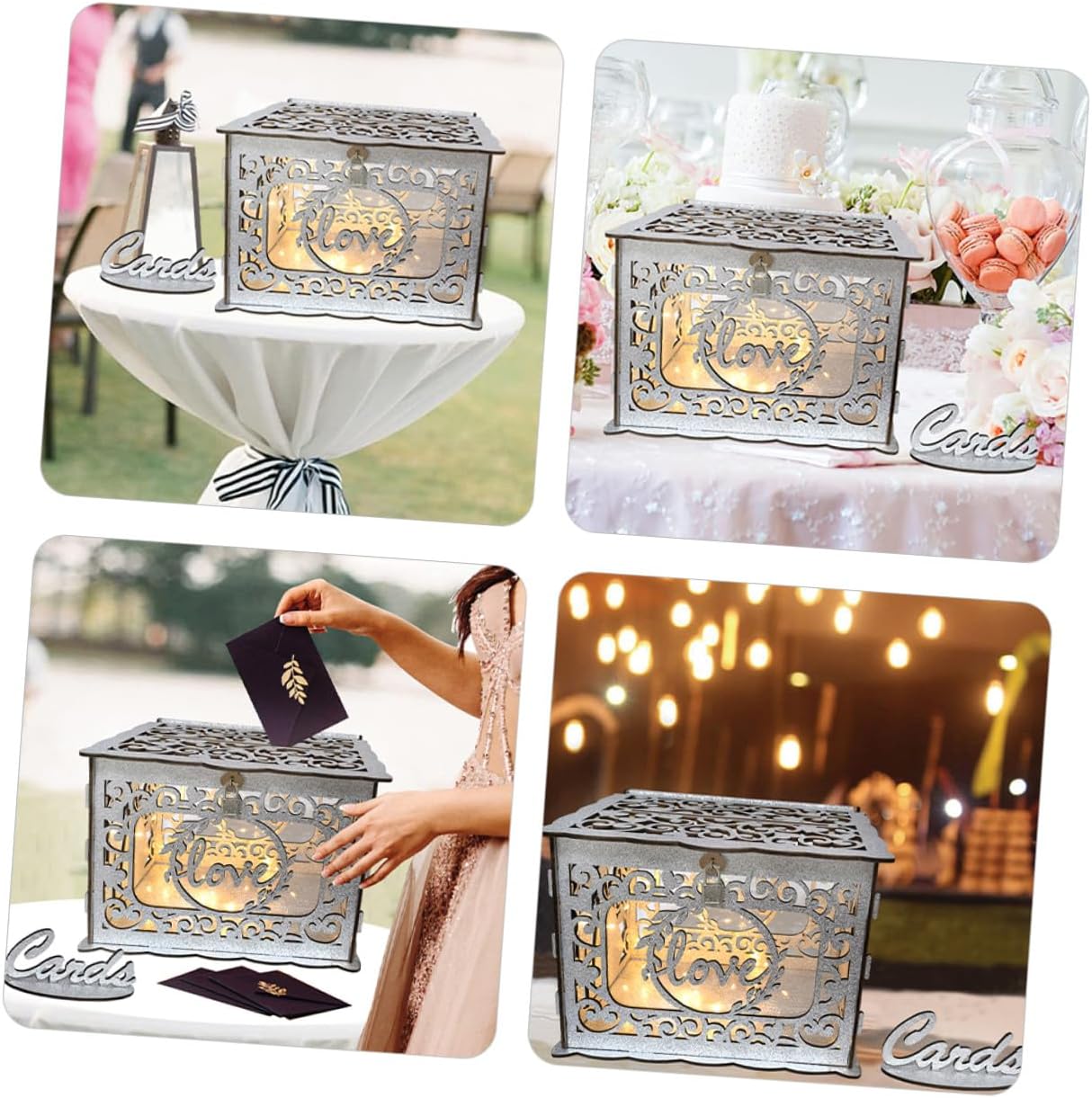 Wooden Hollow Greeting Card Box with Glitter Anniversary Card Holder Envelope Storage Box for Wedding Reception and Birthday Party