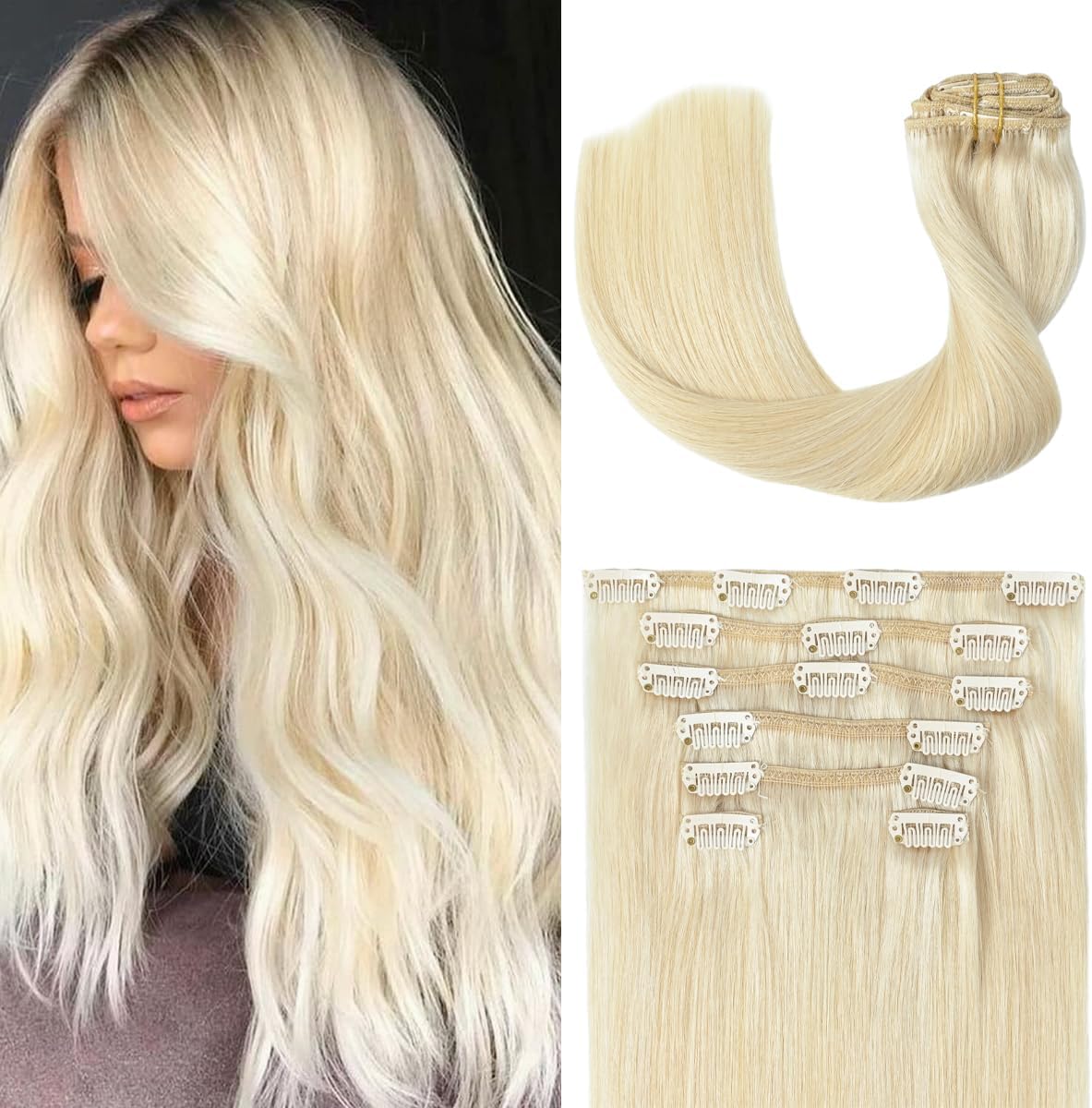 Clip in Hair Extensions Real Human Hair Blonde - 15 Inch 70g 7pcs Platinum Blonde 100% Remy Human Hair Clip in Extensions Straight Real Human Hair #60 Platinum Blonde Clip in Hair Extensions