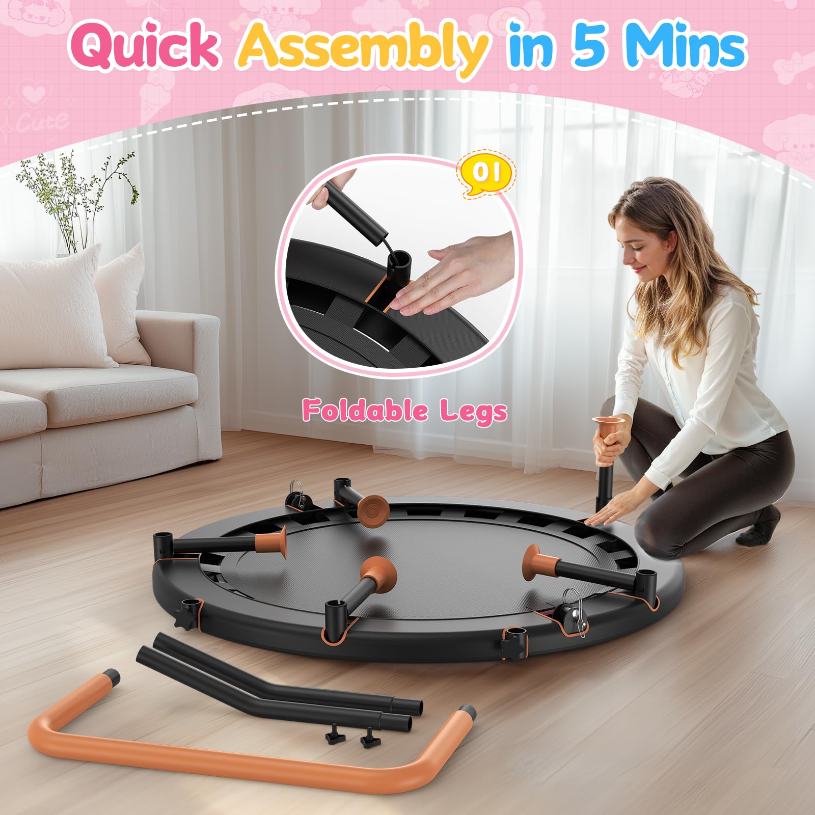 BCAN Trampolino per bambini da 91 cm, manico regolabile, imbottitura di sicurezza e gambe pieghevoli, trampolino per bambini per interni ed esterni, regalo per ragazzi e ragazze