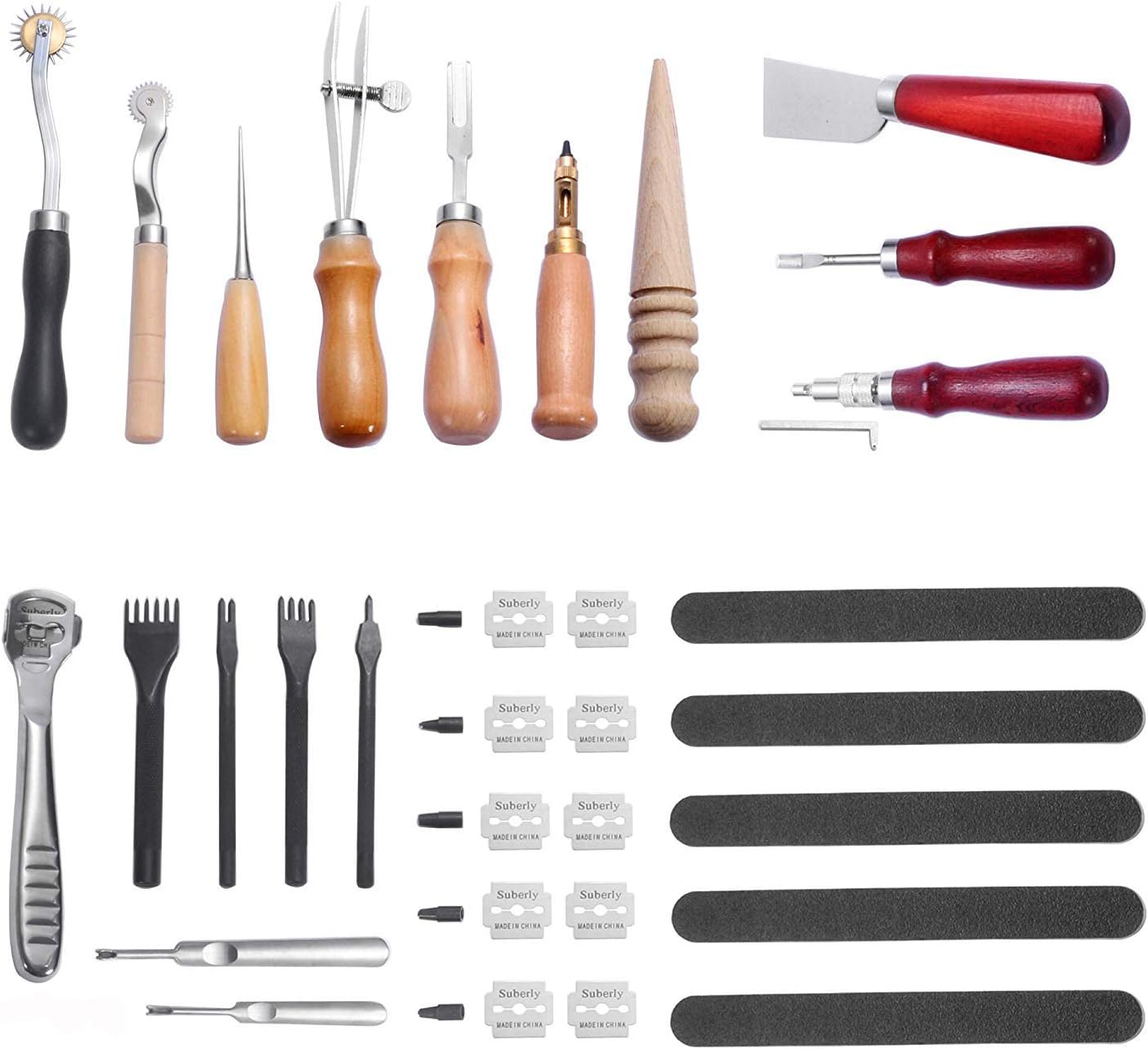 BANYOUR 29 Pieces Leather Craft Hand Tools Kit for Hand Sewing Stitching Leathercraft Set, Hand Sewing Tool Kit for Stitching Carving Working Sewing Saddle Groover Leather Craft DIY Tool