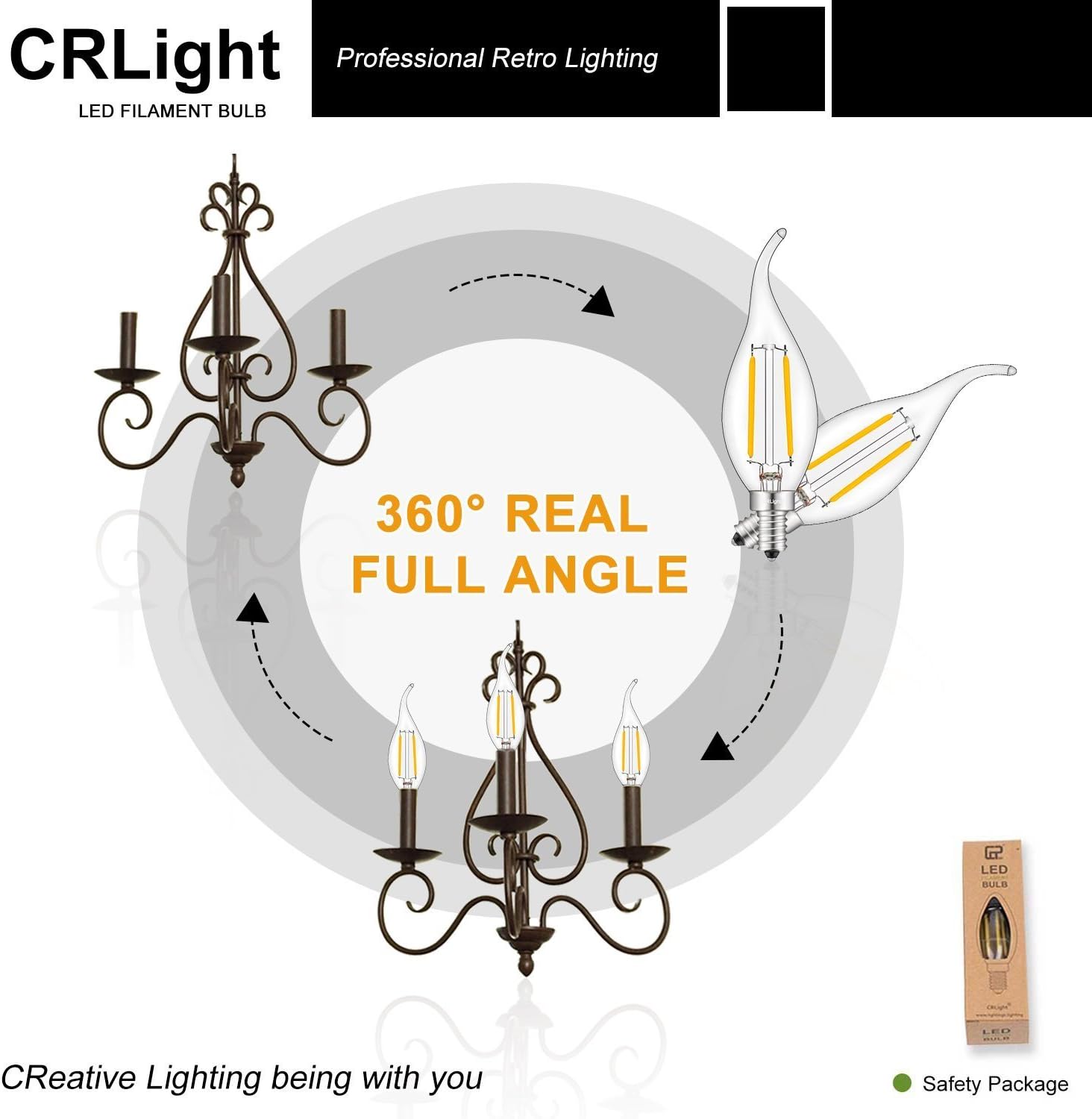 CRLight 2W Dimmable 25W Equivalent LED Candelabra Bulb 2700K Warm White 250LM, E12 Chandelier Base LED Candle Bulbs, C35 Clear Glass Flame Shape Bent Tip, 360 Degrees Beam Angle, 6 Pack