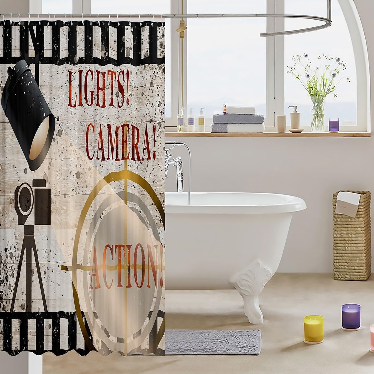 Feelyou Movie Theme Shower Curtain Ceremony Photo Photography Bathroom Fabric Shower Curtain Set for Kids Teens Cinema Scenes Bath Curtain Vintage Waterproof Curtains Stalls Bathtubs Decor 72"x84"