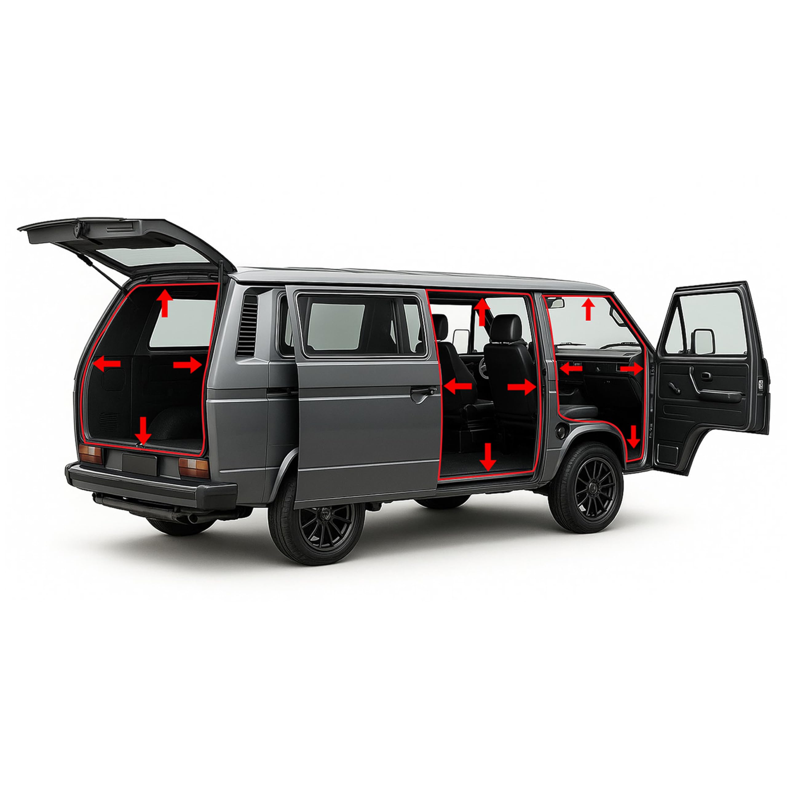 INLY 4-częściowy zestaw uszczelek do drzwi + uszczelka klapy bagażnika + uszczelka do drzwi przesuwnych, gumowa uszczelka kompatybilna z Transporter T3 251837911B 251837911 251837912 251837912B