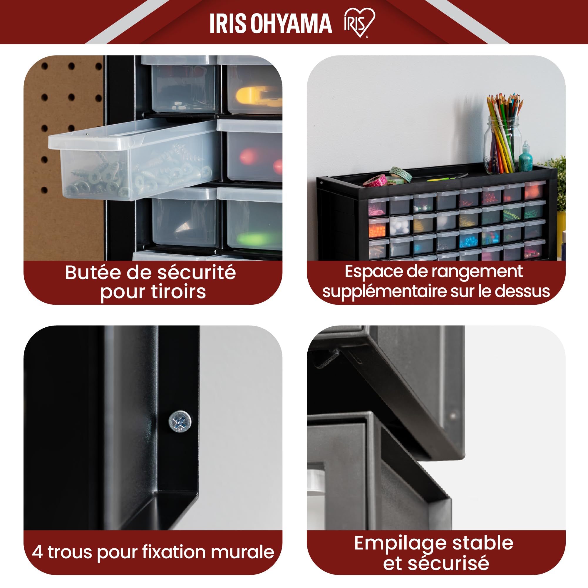 Iris Ohyama, Set de 2 Casiers de Rangement Vis, 32 Tiroirs, Empilable, Fixation Murale, Butée de Tiroir, Polyvalent, Quincaillerie, Bricolage, sans BPA, Compartiments, DPC-32