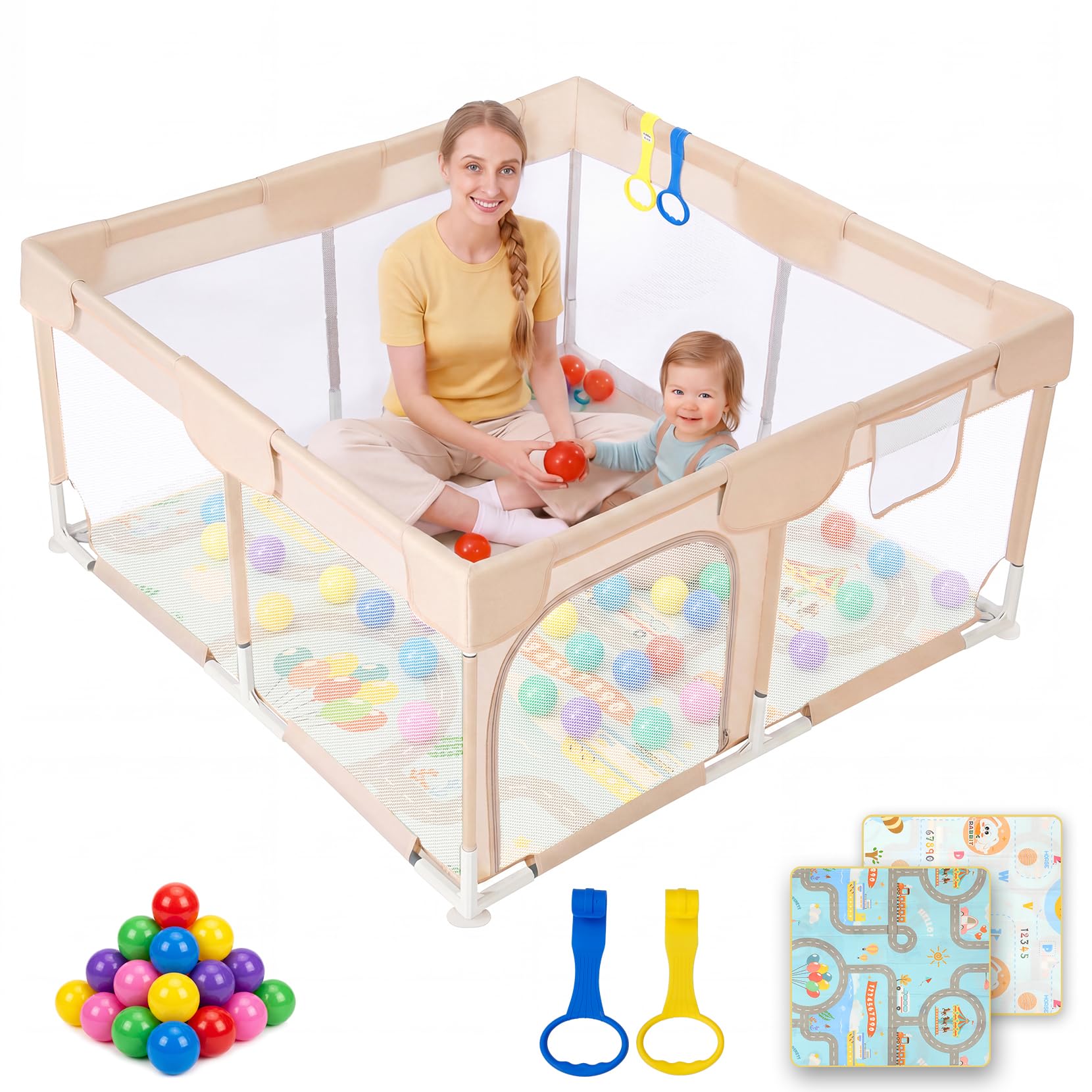 Dripex Laufstall Baby, Kompakter Laufgitter Baby faltbar ideal für kleine Räume, Indoor & Outdoor Laufgitter & -Ställe mit Atmungsaktivem Netz & Pull-up Rings, 124x124cm, Kaffeebraun