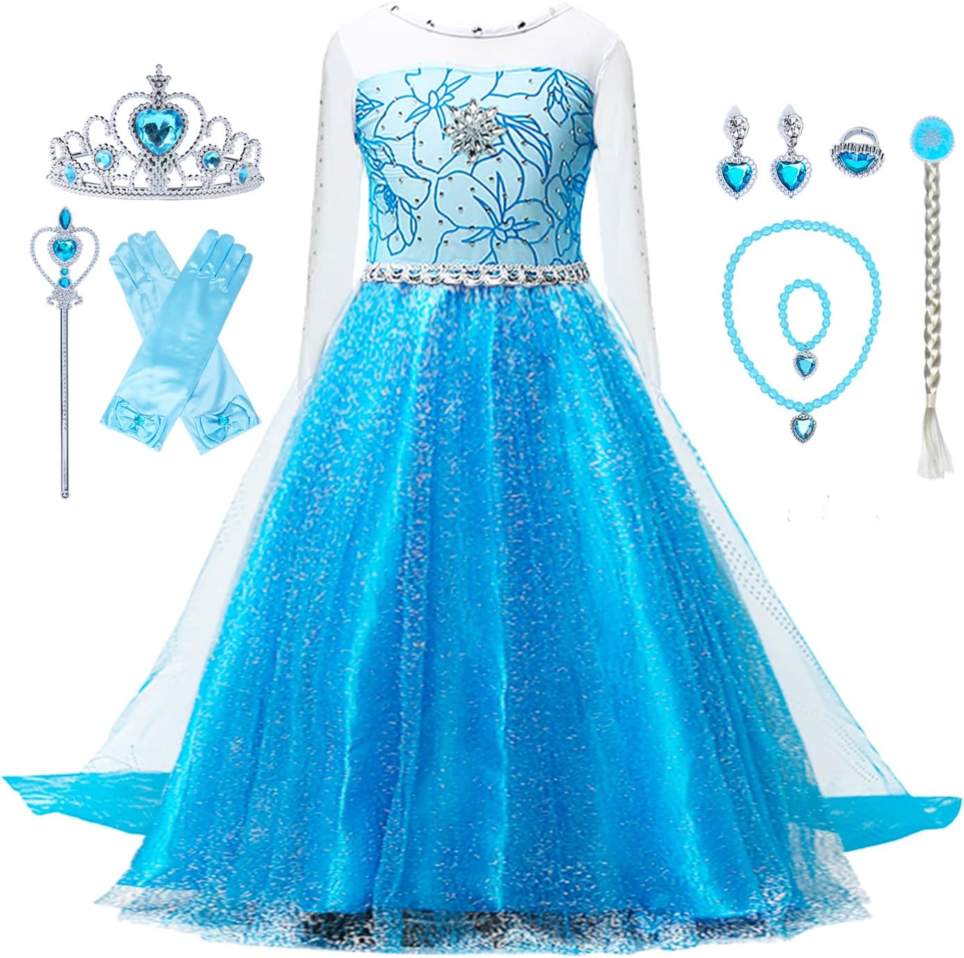 VBY Snow Princess Dress for Girls Cosplay Party Costume Queen Birthbay Dress up 3-8T with Luxury Accessories