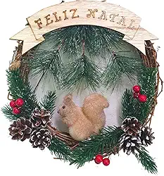 Guirlanda de Natal Decorativa Esquilo Pinha de Neve 23 cm Pemium