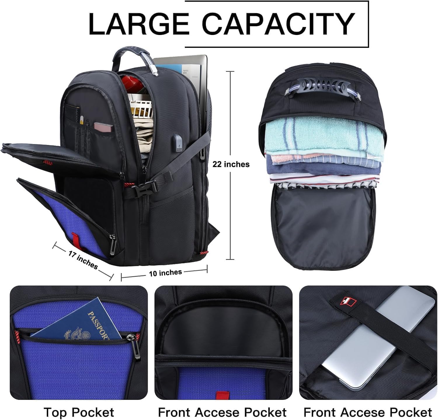 Travel Laptop Backpack, 18.4 Inch Laptop Backpacks for Men Women with USB Port, 55L Anti Theft Water Resistant College Bussiness TSA Airline Approved Work Computer Backpack, Dark Blue - Image 5