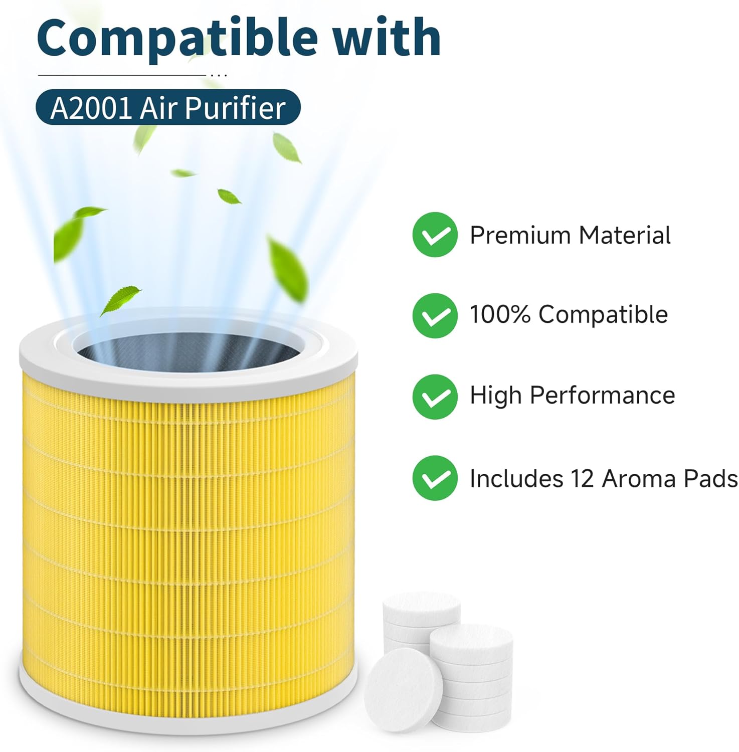 2 Packs A2001 Replacement Pet Filter Compatible with A2001 Air Purifi-er, 3-in-1 High Efficiency Filtration, Part # AF-2001, Yellow