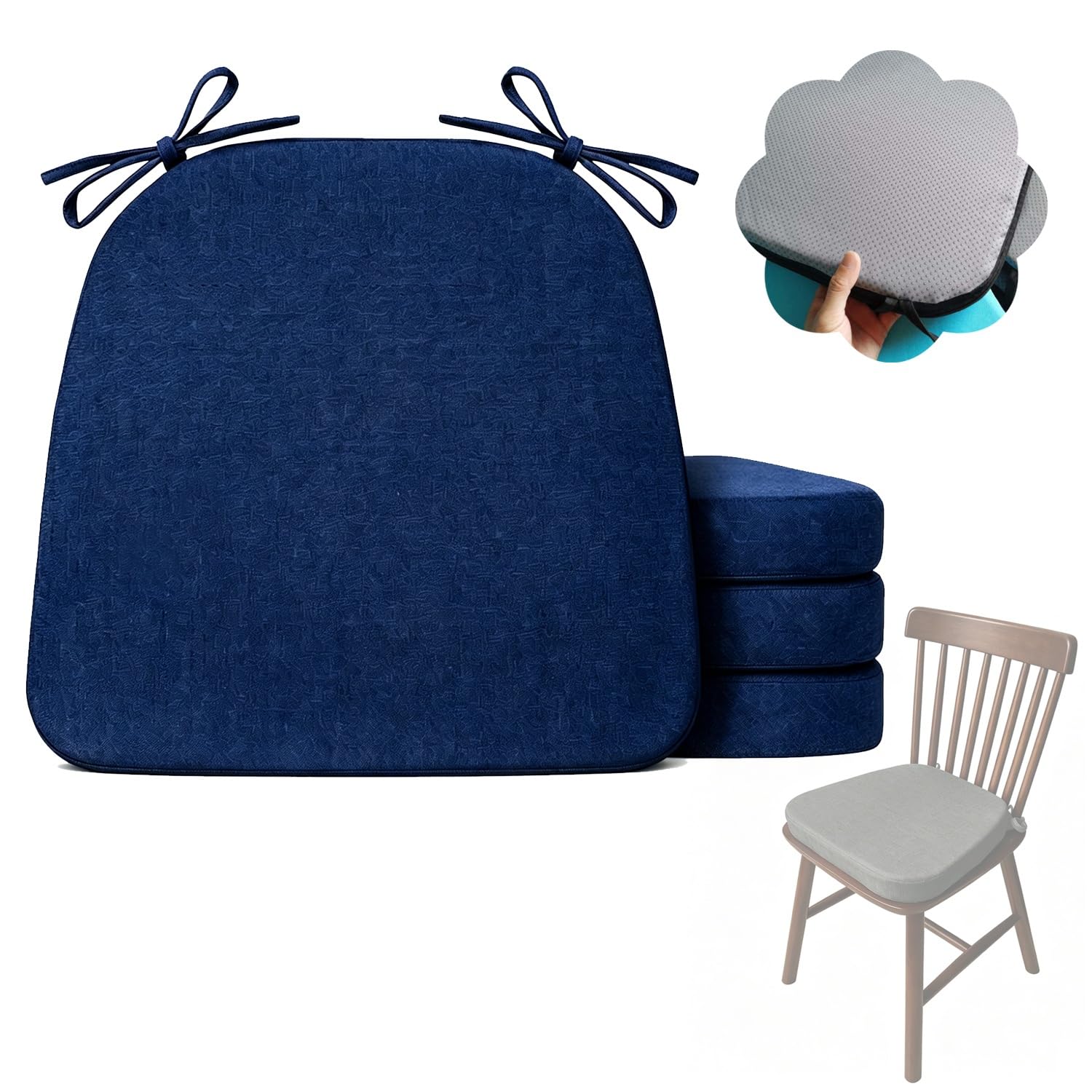 Cafusesdd Cafusedd Square Chair Cushions with Skid Rubber Back, 4-Psc Splash-Proof Dining Chair Covers, Seat Cushions for Patio Furniture Kitchen/Porch/Garden(NavyBlue,2''/20''*18'')