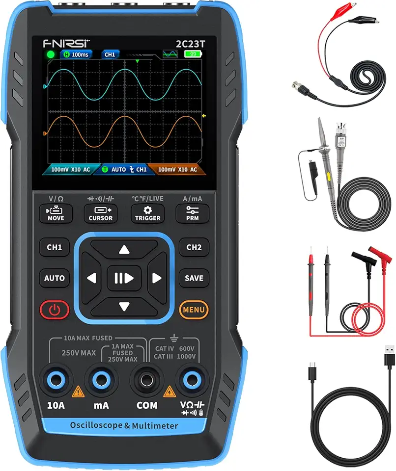 FNIRSI 2C23T 3 in 1 Handheld Oscilloscope Multimeter DDS Generator, 2 Channels, 10MHz Bandwidth, 50MSa/s Sampling Rate, 10000 Counts, Voltage, Current, Capacitor, Resistor, Diode Test