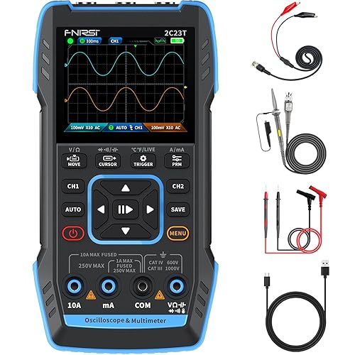 FNIRSI 2C23T 3 in 1 Handheld Oscilloscope Multimeter DDS Generator, 2 Channels, 10MHz Bandwidth, 50MSa/s Sampling Rate, 10000 Counts, Voltage, Current, Capacitor, Resistor, Diode Test