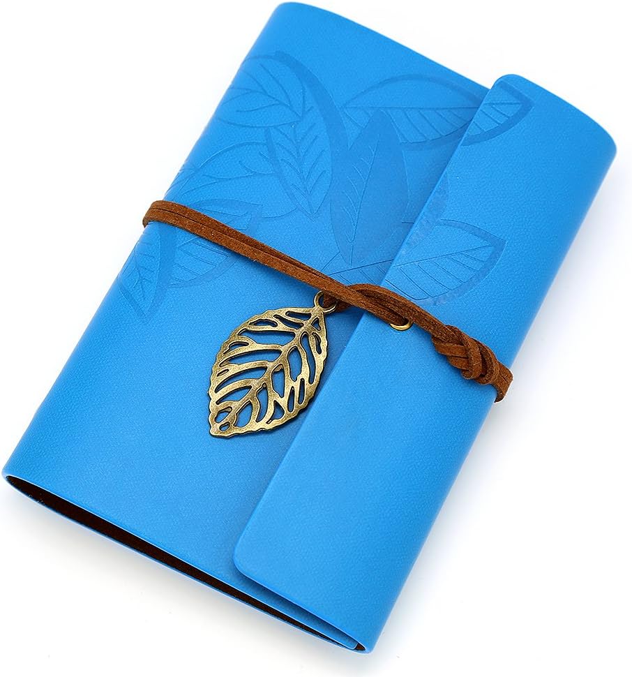 EvZ 5 Inch Mini Vintage Leather Journal, Pocket Size Refillable Loose Leaf Notebook, Retro Blue PU Cover with Metal Leaf Pendant, Blank Kraft Paper Small Travel Diary & Sketchbook