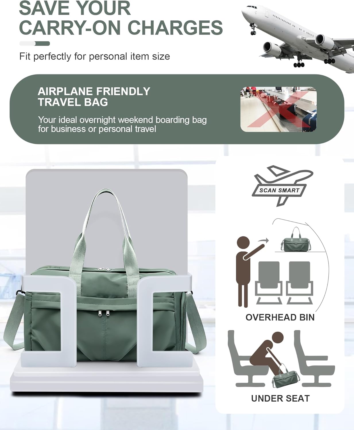 Gym Bag for Women Men, Sport Duffel Bag with Toiletry Bag & Shoe Compartment,Waterproof Travel Weekender Overnight Carry on Bag for Yoga with Trolley Sleeve, Green Set - Image 6