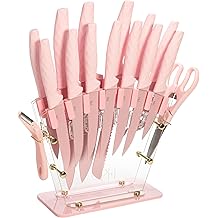 Paris Hilton Knife Block Set with Fan Style Clear Acrylic Knife Block, Premium Stainless Steel Blades with Nonstick Coating, Comfort Grip Handles, 16-Piece Set, Pink and Gold