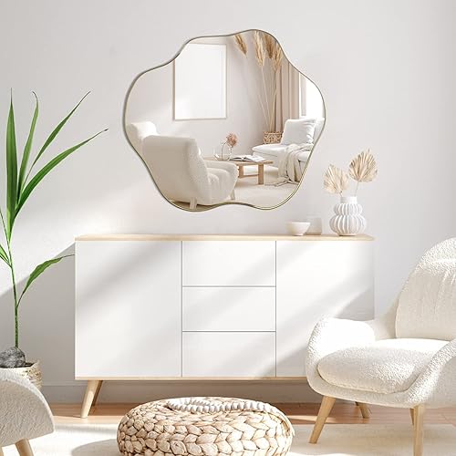 Miniatura 8 de Espejo irregular, espejo de pared asimétrico, espejos festoneados dorados de 30 x 26.8 pulgadas para sobre el fregadero, modernos espejos abstractos