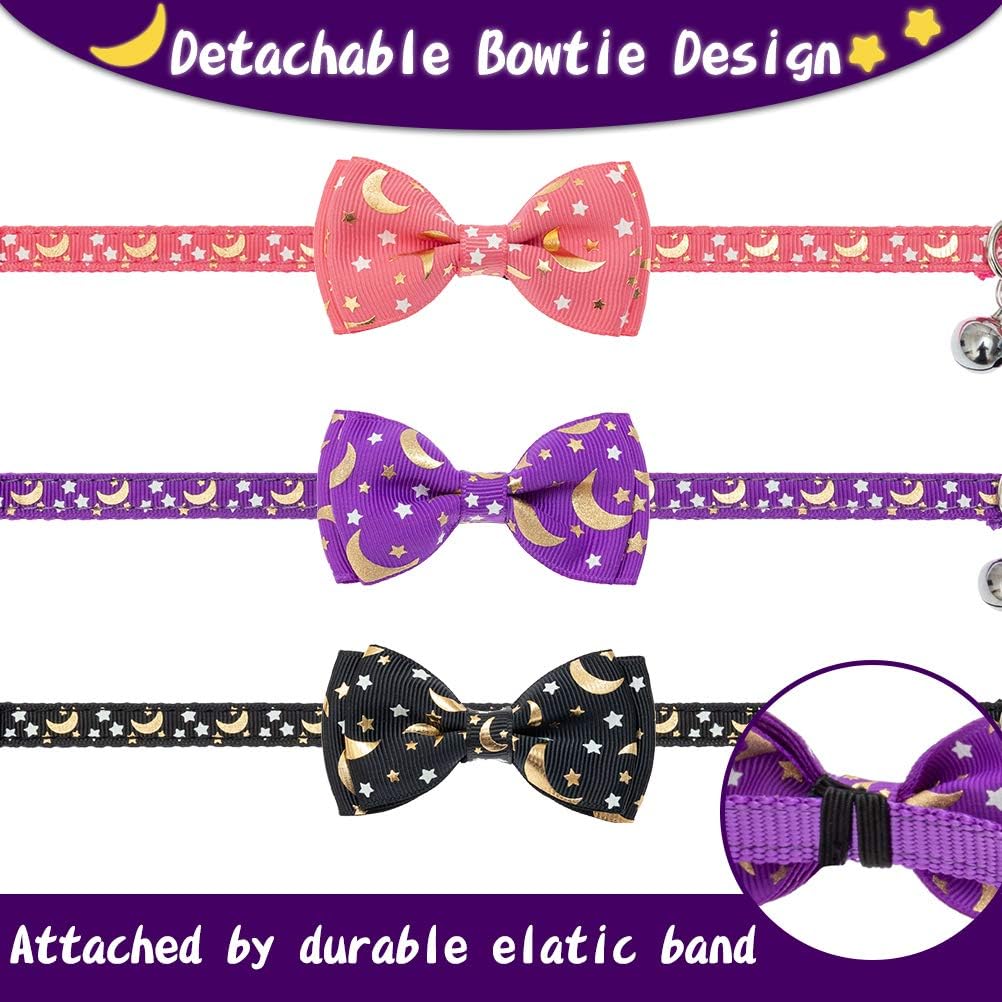 BINGPET Breakaway Cat Collar with Bell 3 Pack, Adjustable Luminous Kitten Collar with Star & Moon Patterns, Removable Bow Tie, Glow in The Dark